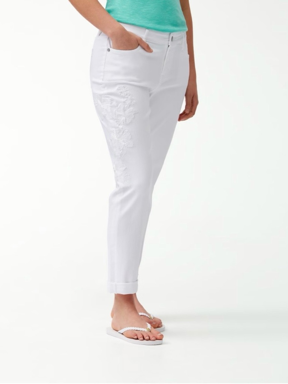 TOMMY BAHAMA Hibiscus Embroidered Slim Boyfriend Jeans